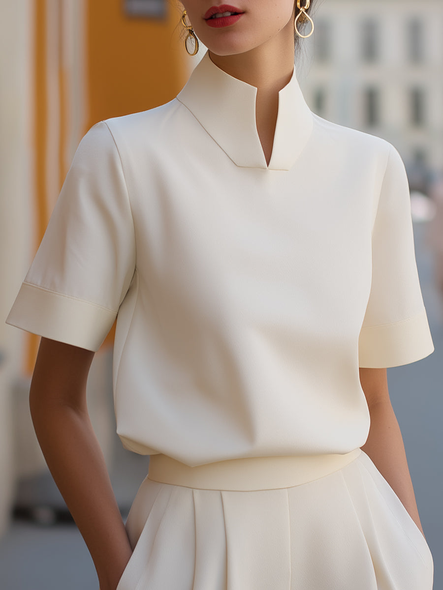Isla | Tailored Stand Collar Workwear Fitted Blouse Short Sleeve