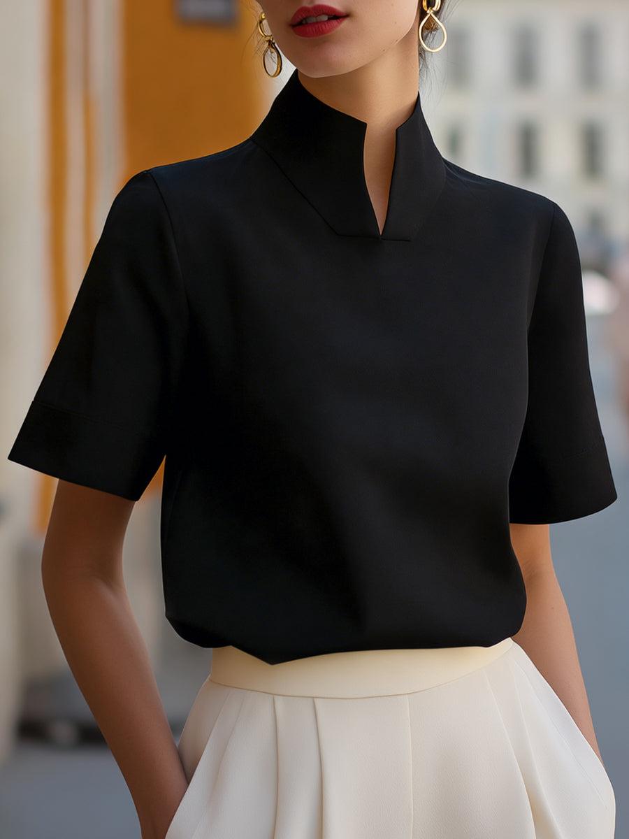 Isla | Tailored Stand Collar Workwear Fitted Blouse Short Sleeve