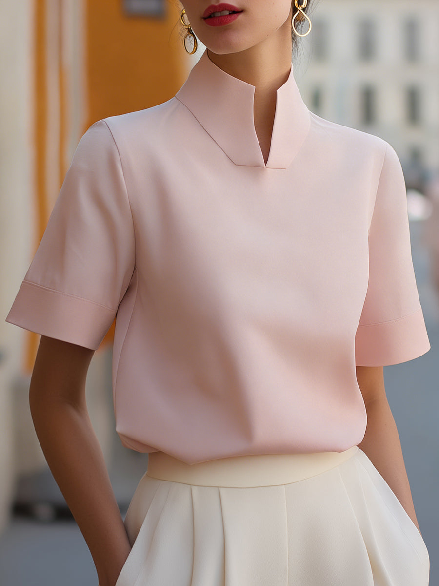 Isla | Tailored Stand Collar Workwear Fitted Blouse Short Sleeve