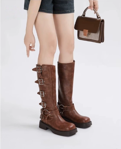 Women's Orthopaedic Buckled Casual Knee High Boots in Brown