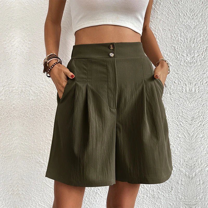 Women's High-Waist Pleated Casual Shorts in Olive