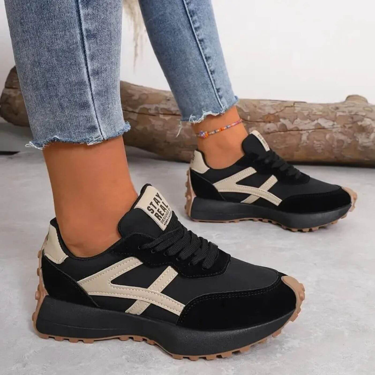 Women's Orthopaedic Lace-Up Casual Trainers in Black & Beige