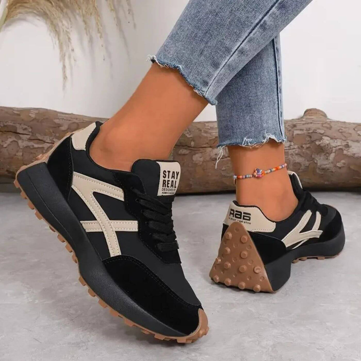 Women's Orthopaedic Lace-Up Casual Trainers in Black & Beige