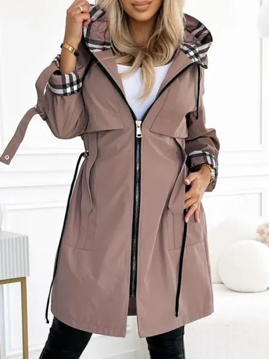 Women's Hooded Drawstring-Waist Casual Coat in Taupe