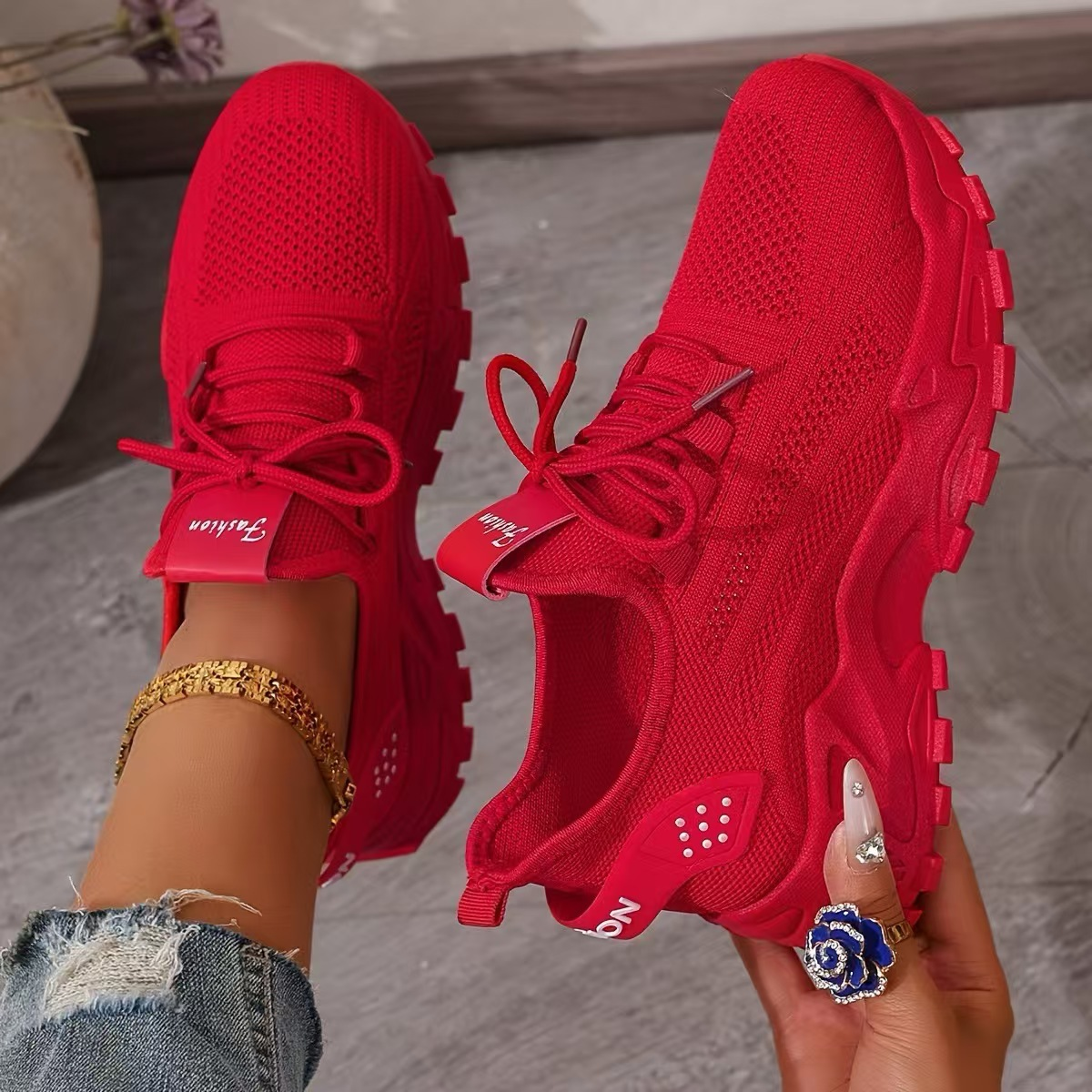Women's Chunky-Sole Casual Trainers in Red