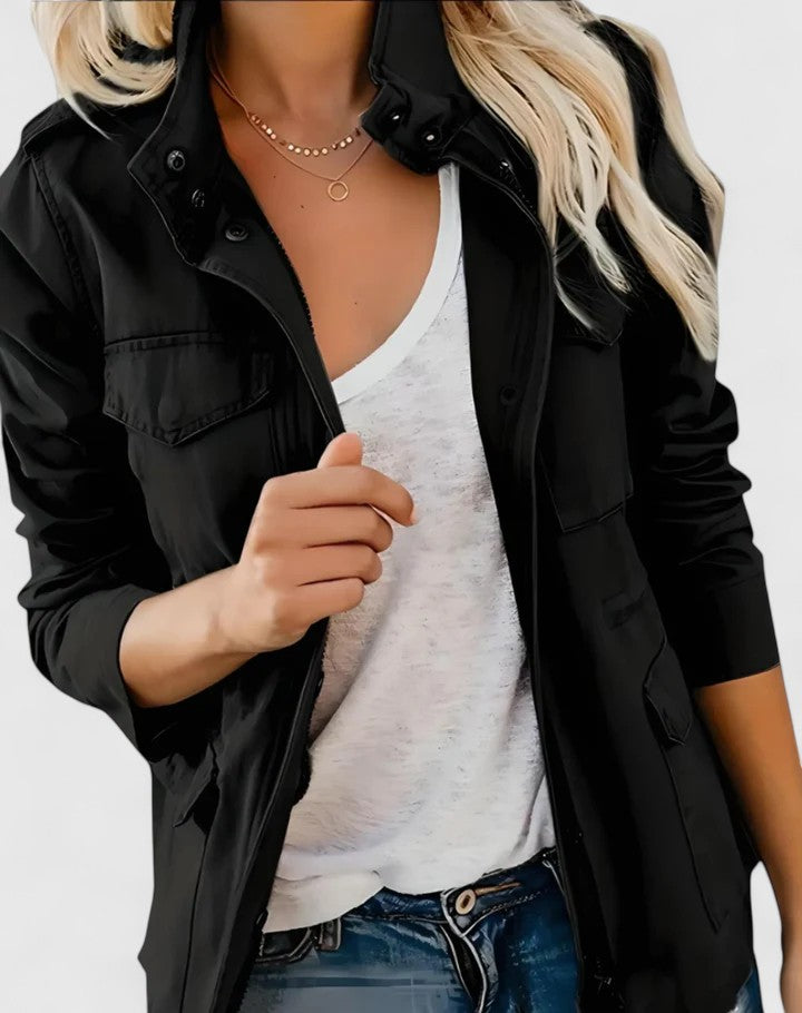 Women's Stand-Collar Utility Casual Jacket in Black