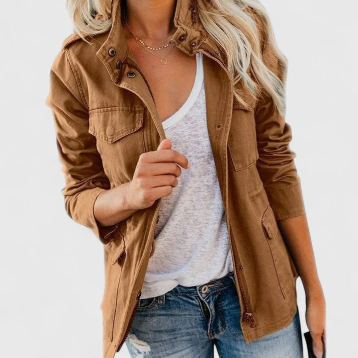 Women's Stand-Collar Utility Casual Jacket in Camel