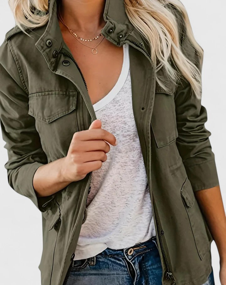 Women's Stand-Collar Utility Casual Jacket in Olive