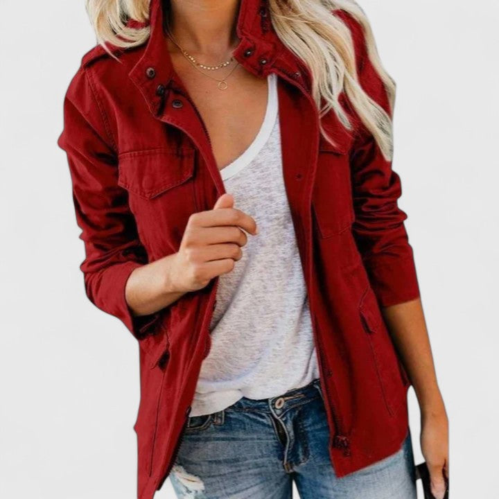 Women's Stand-Collar Utility Casual Jacket in Red