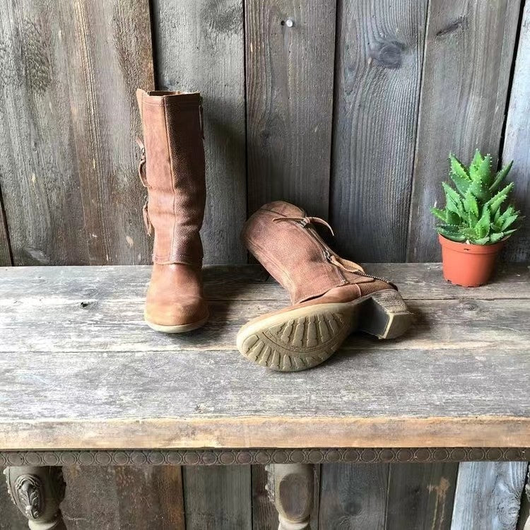 Women's Side-Zip Fold-Over Casual Boots in Light Brown