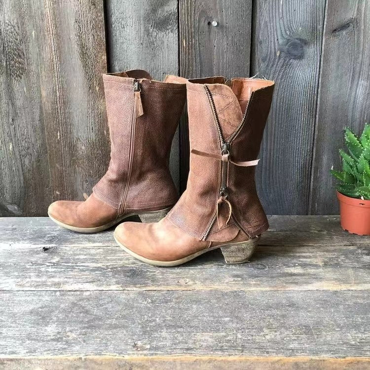 Women's Side-Zip Fold-Over Casual Boots in Light Brown