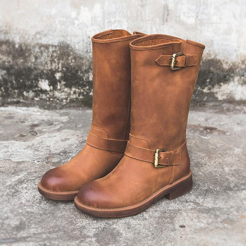 Women's Double-Buckle Mid-Calf Casual Boots in Camel