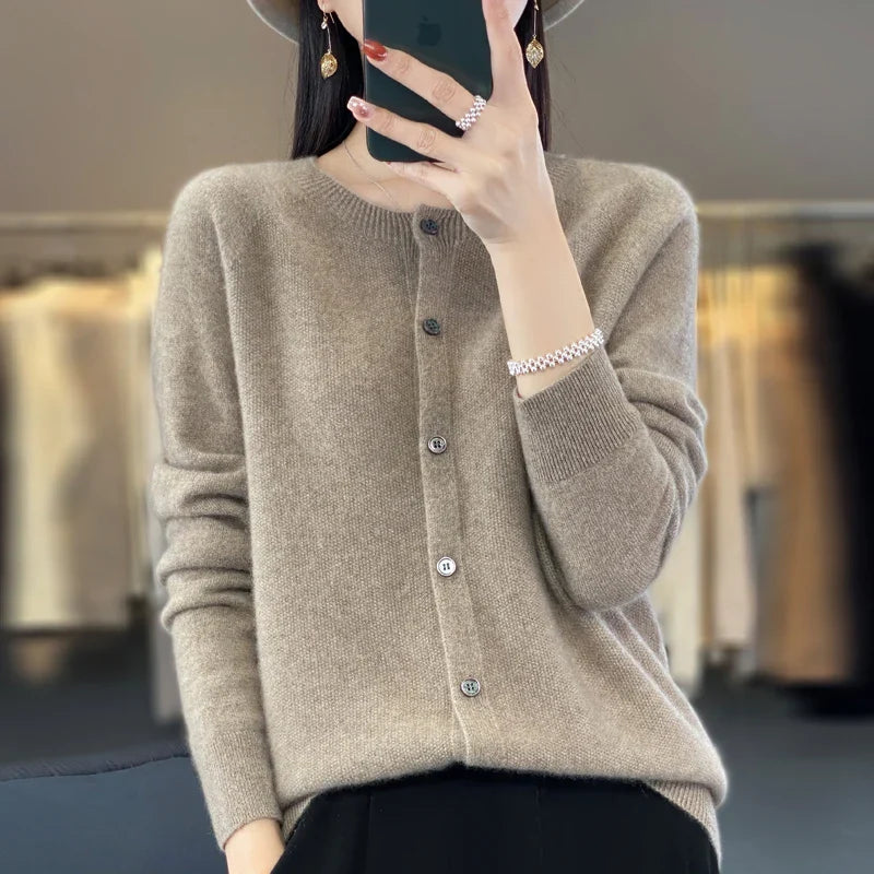 Women's Button-Front Casual Cardigan in Taupe