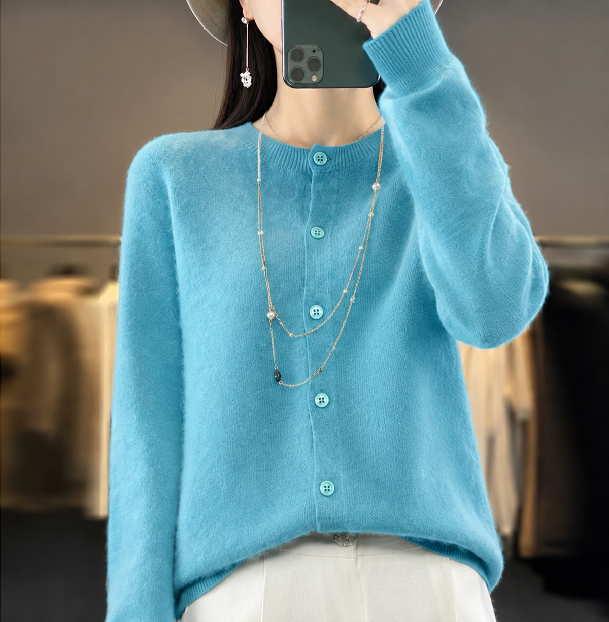 Women's Button-Front Casual Cardigan in Turquoise