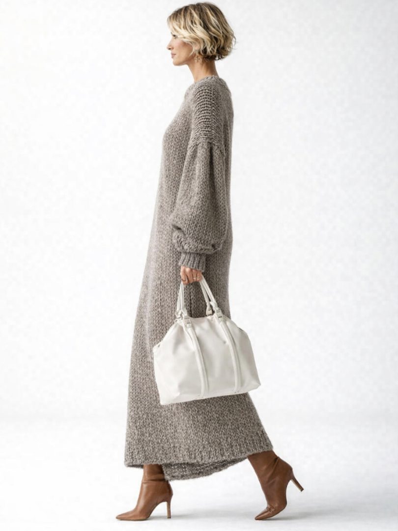 Balloon-Sleeve Knit Casual Maxi Dress in Taupe