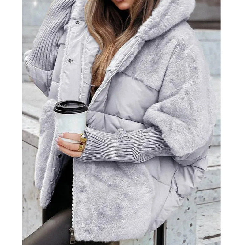 Women's Hooded Batwing-Sleeve Casual Jacket in Light Grey