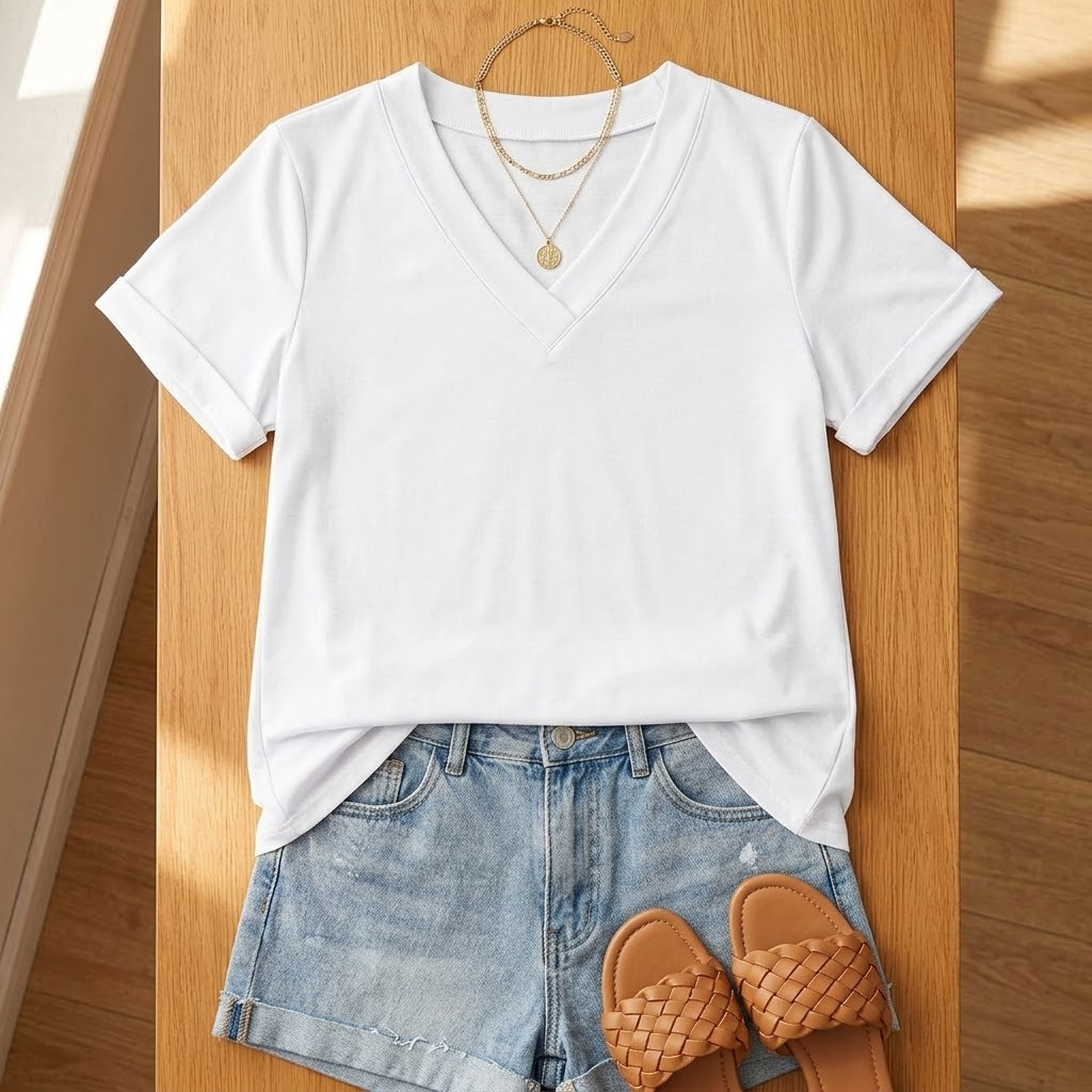Women's Rolled-Cuff V-Neck Casual T-Shirt in White