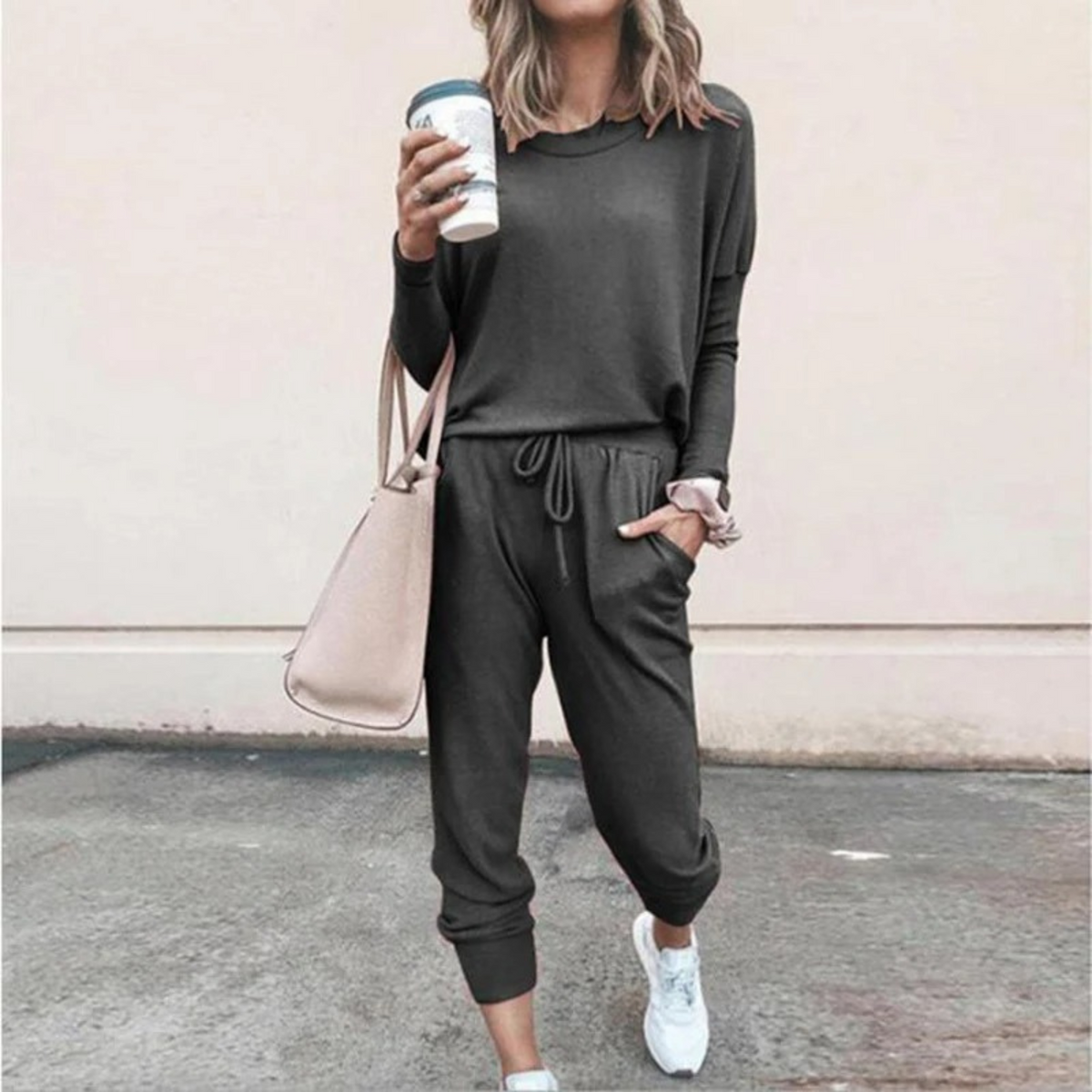 Women's Drawstring Casual Lounge Set in Dark Grey