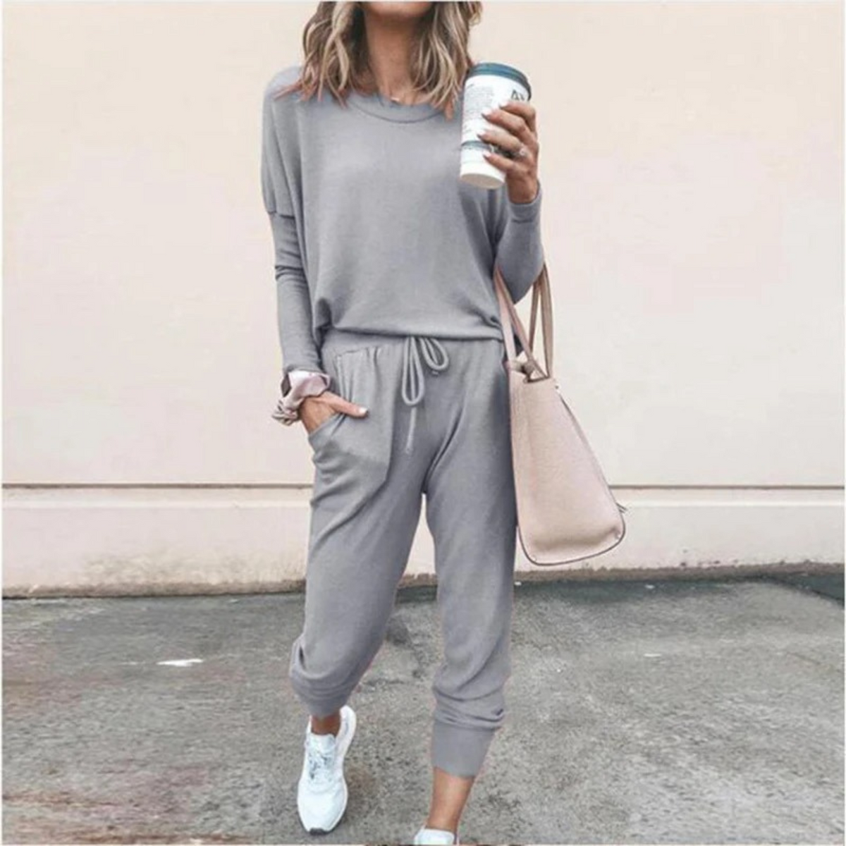 Women's Drawstring Casual Lounge Set in Light Grey