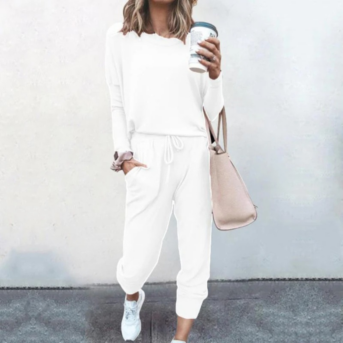 Women's Drawstring Casual Lounge Set in White