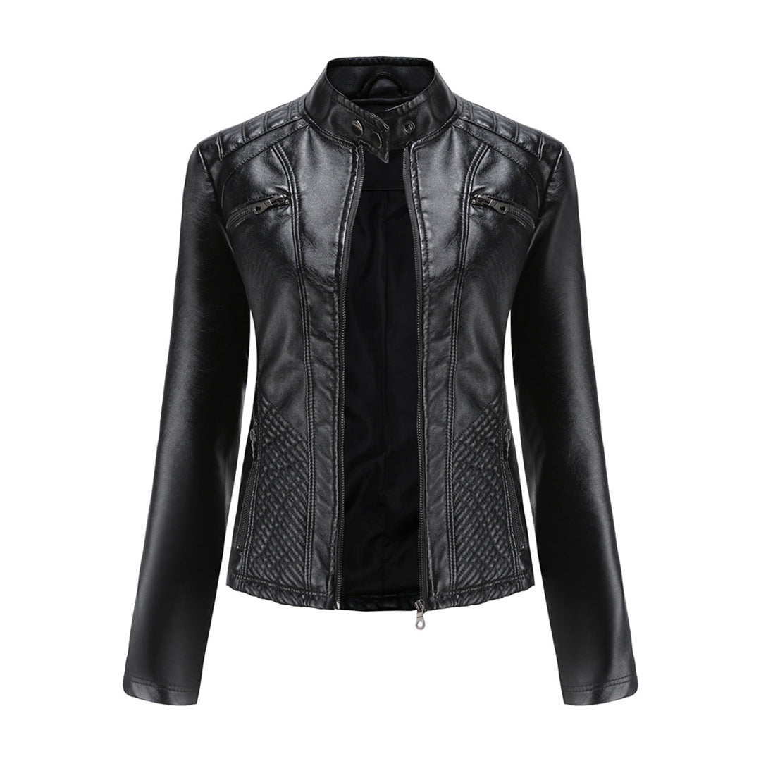 Women's Stand-Collar Zip-Front Casual Jacket in Black