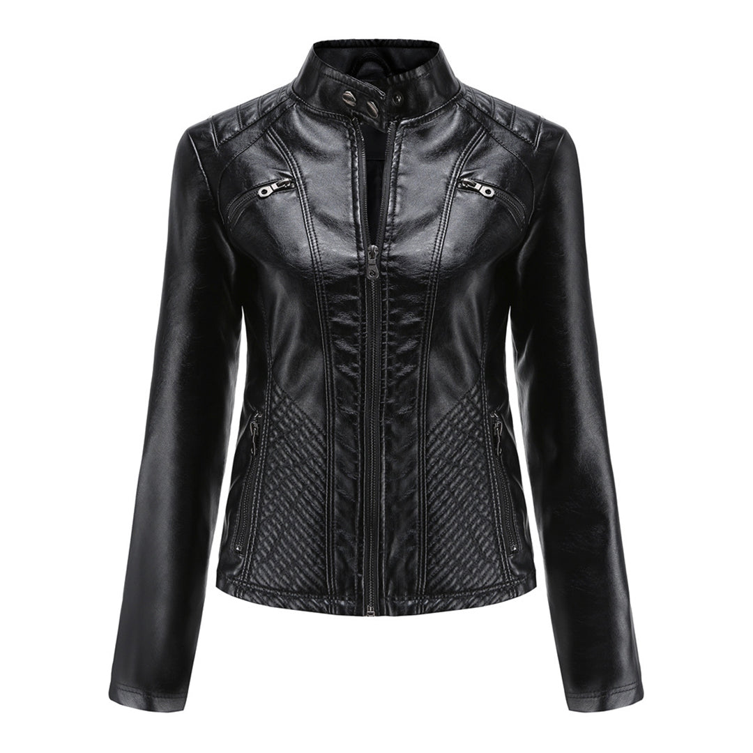 Women's Stand-Collar Zip-Front Casual Jacket in Black