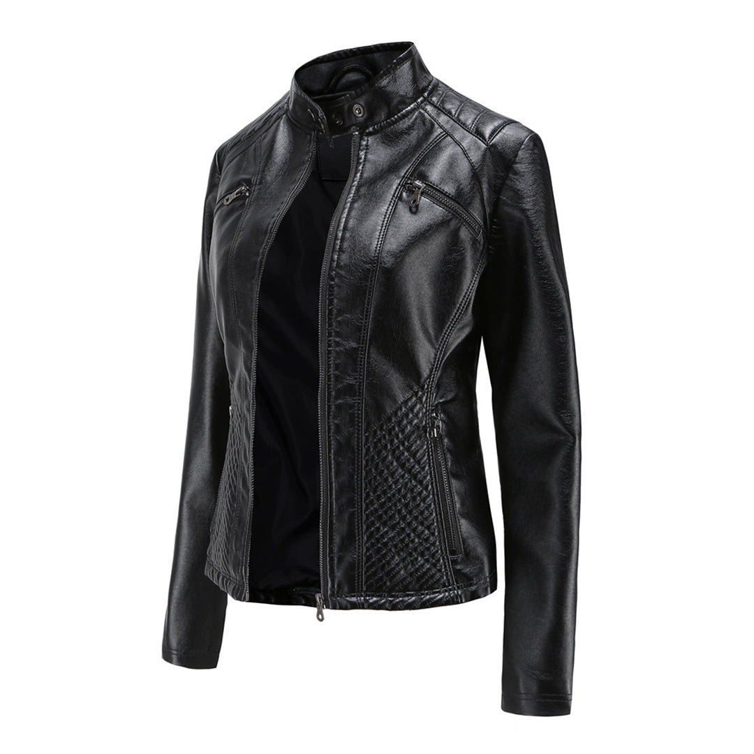 Women's Stand-Collar Zip-Front Casual Jacket in Black