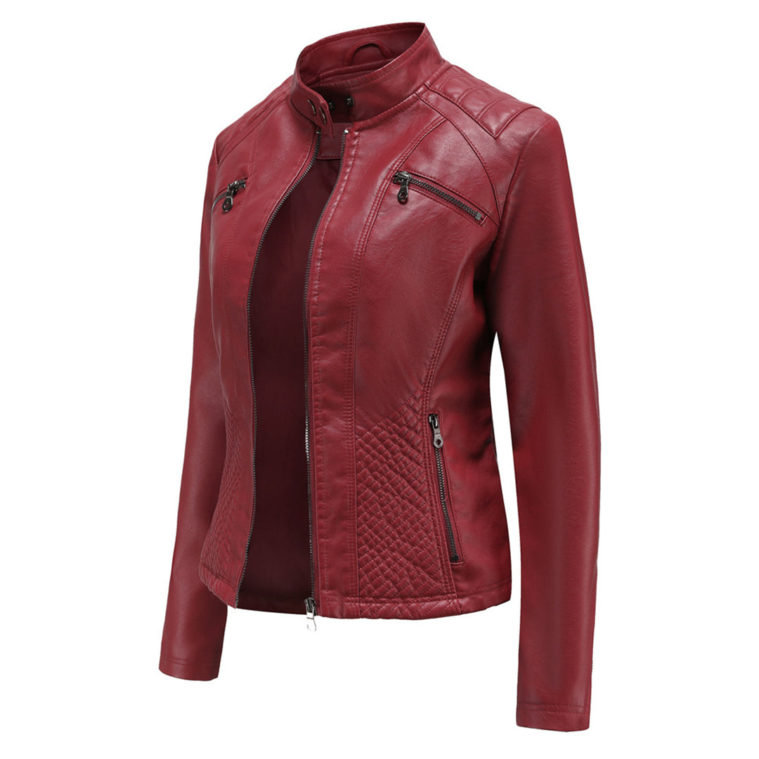 Women's Stand-Collar Zip-Front Casual Jacket in Burgundy