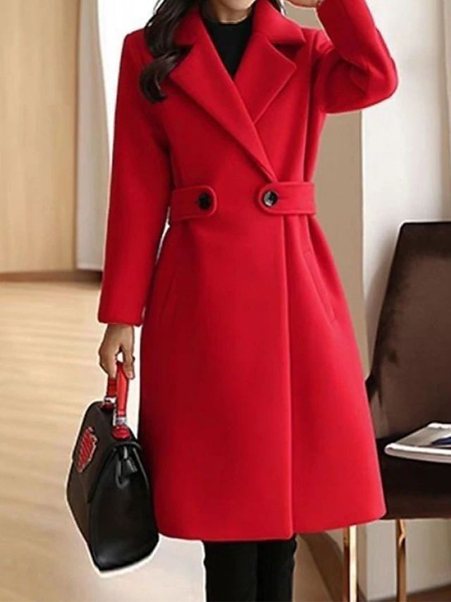 Women's Notched-Lapel Belted Workwear Coat in Red
