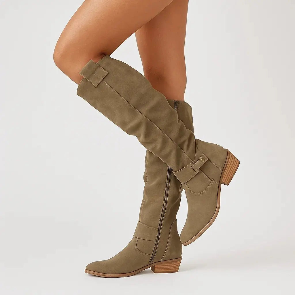 Women's Side-Zip Casual Knee High Boots in Khaki