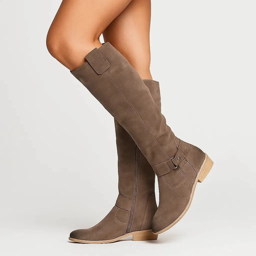 Women's Side-Zip Casual Knee High Boots in Taupe