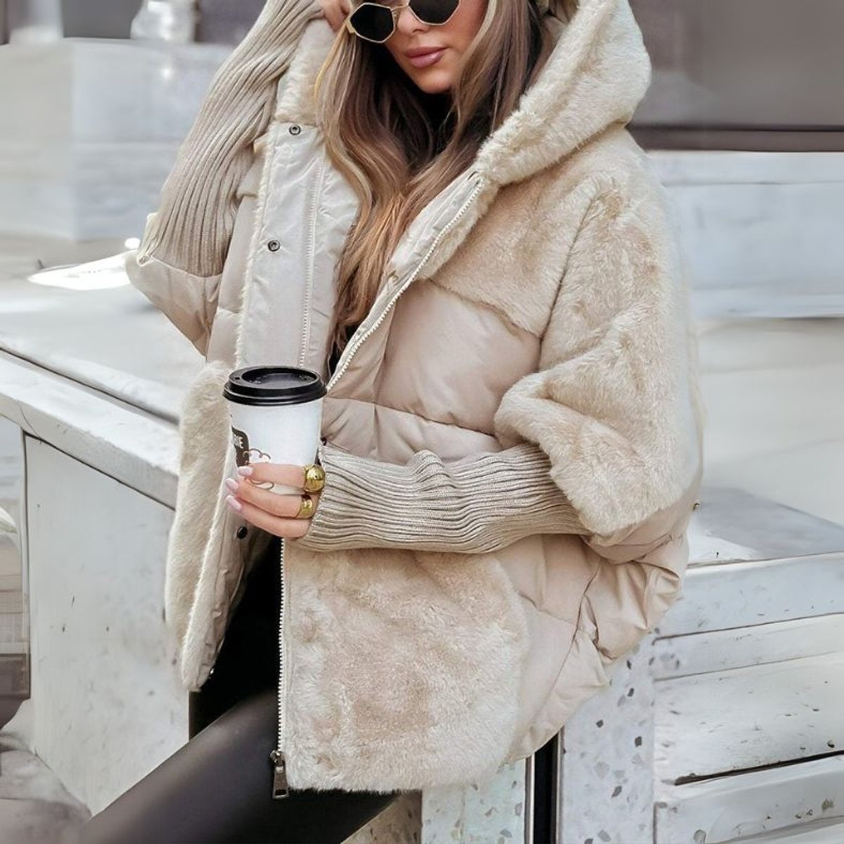Women's Hooded Zip-Front Casual Jacket in Beige