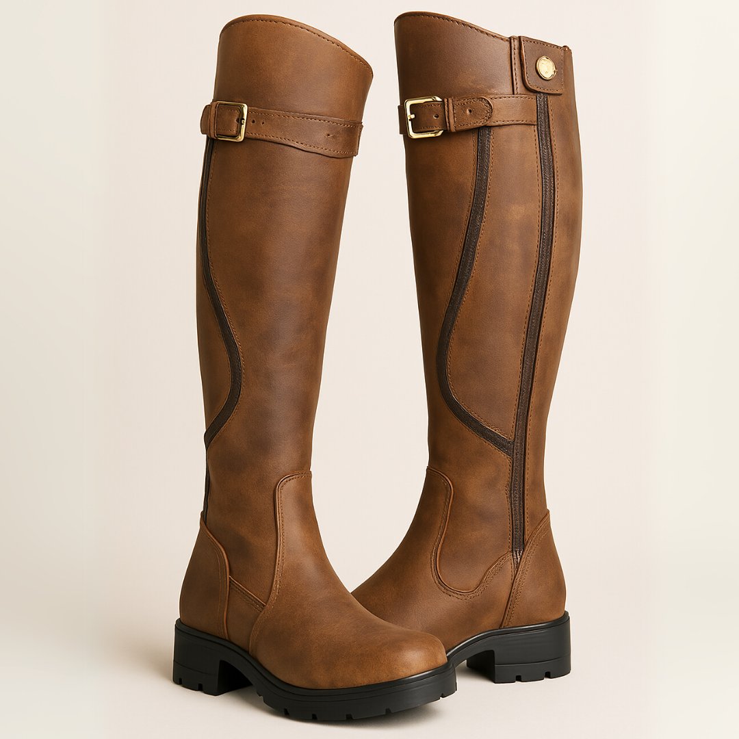Women's Buckle Casual Knee High Boots in Light Brown