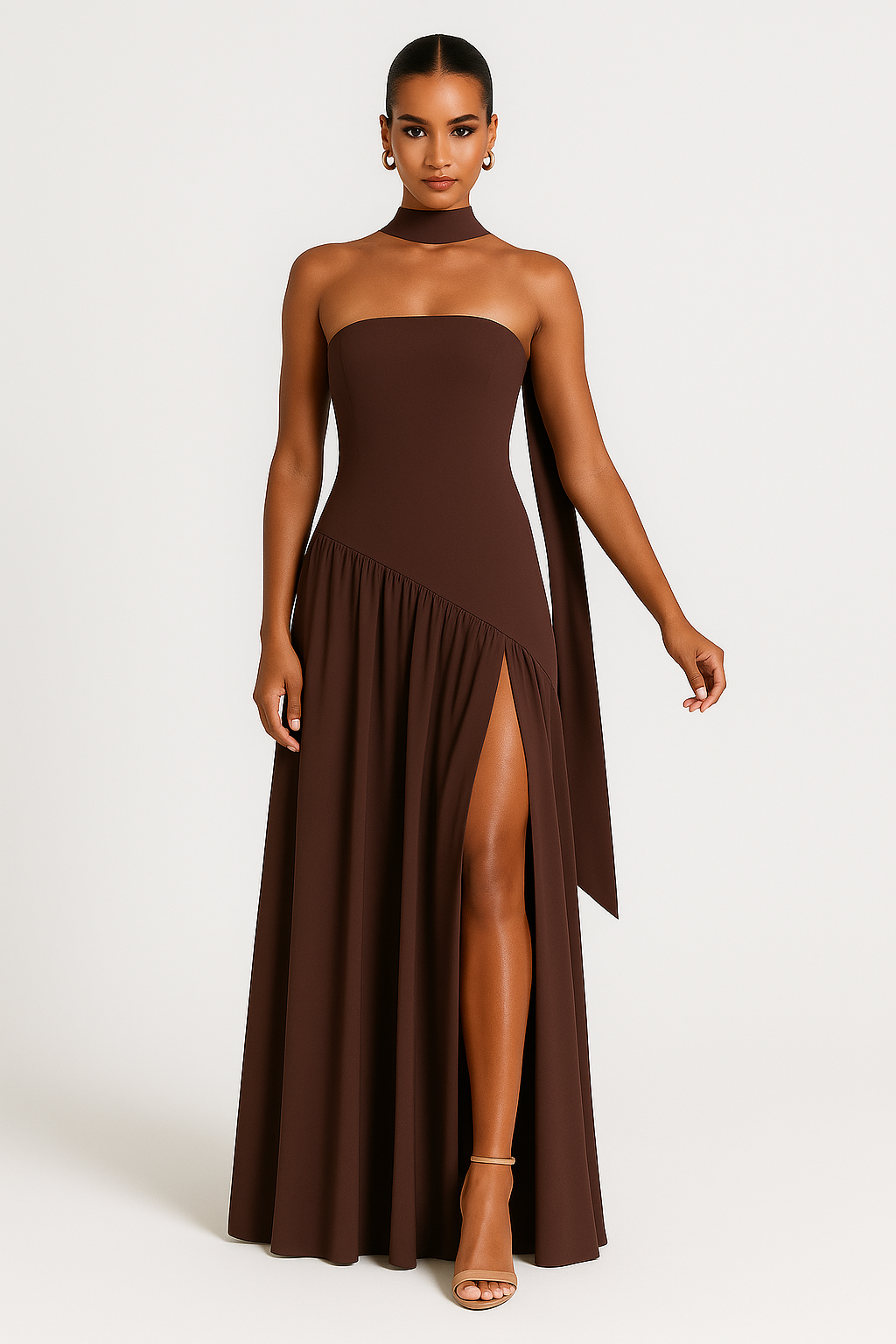 Strapless Evening Maxi Dress in Dark Brown