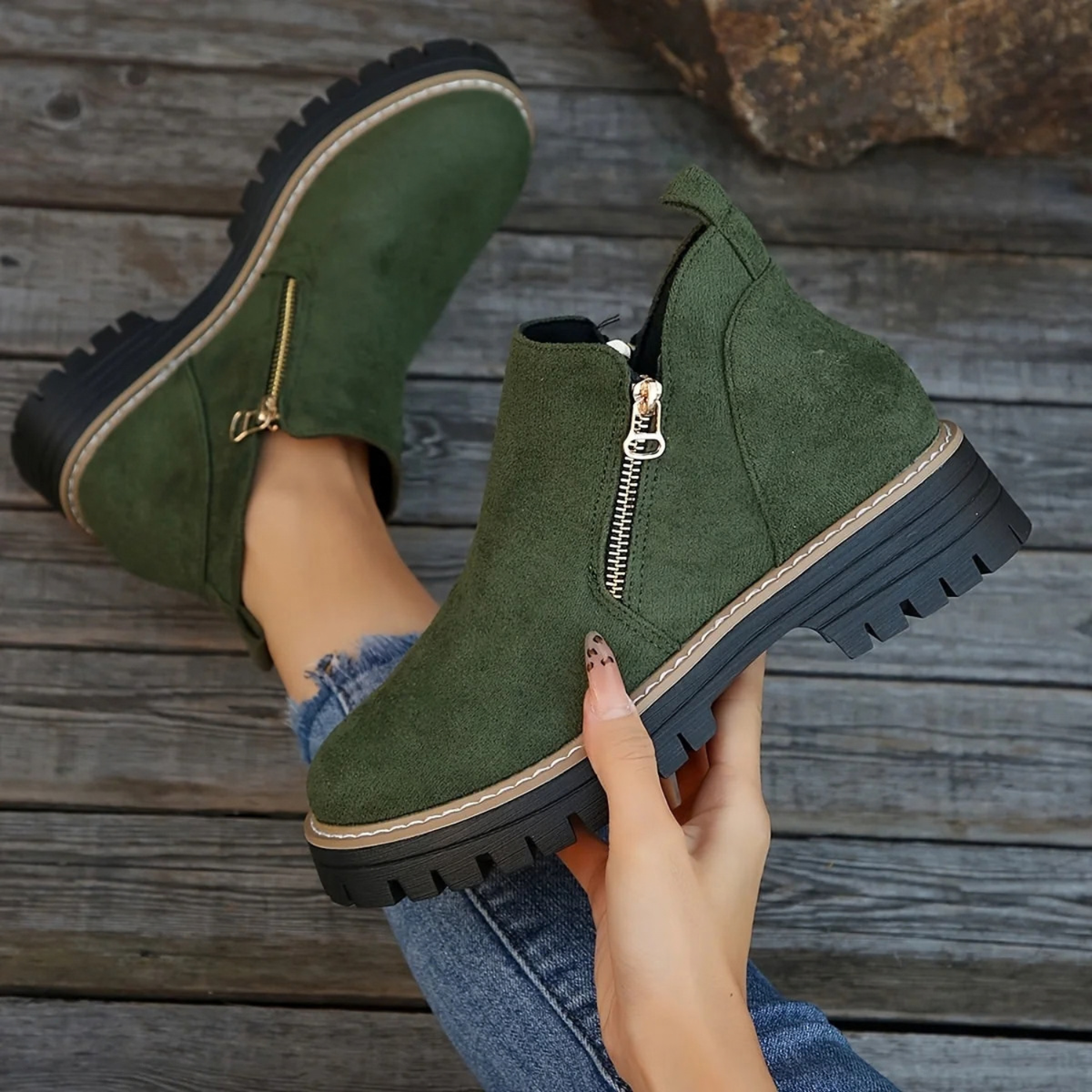 Women's Orthopaedic Side-Zip Casual Ankle Boots in Olive