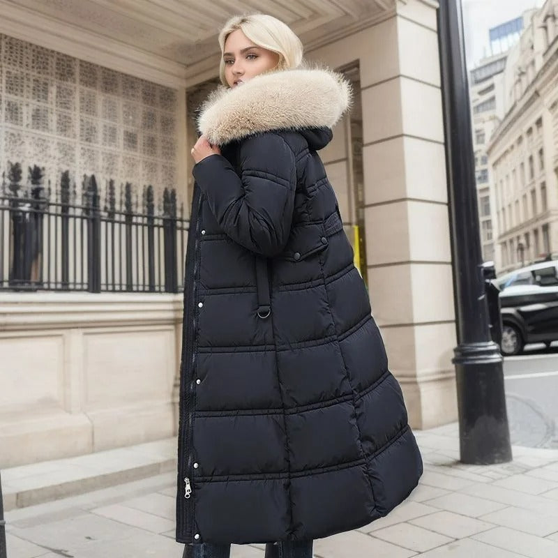 Women's Belted Hooded Quilted Casual Coat in Black & Beige