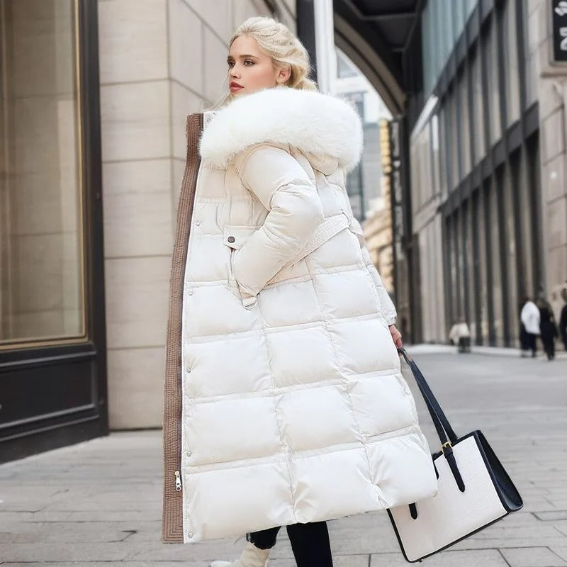 Women's Belted Hooded Quilted Casual Coat in Cream