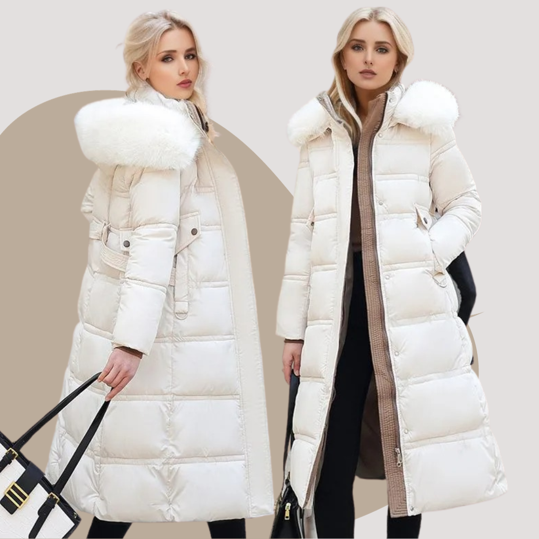 Women's Belted Hooded Quilted Casual Coat in Cream