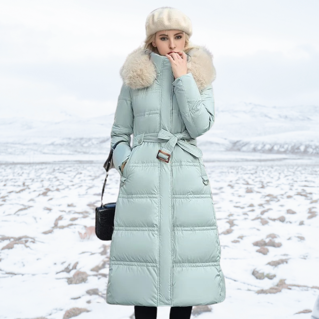 Women's Belted Hooded Quilted Casual Coat in Mint & Beige