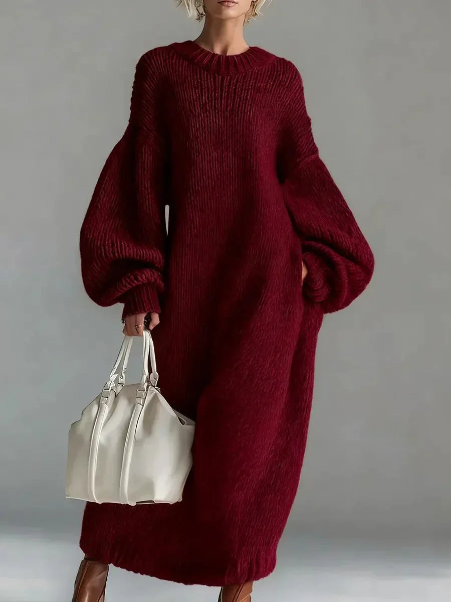 Balloon-Sleeve Casual Maxi Dress in Burgundy