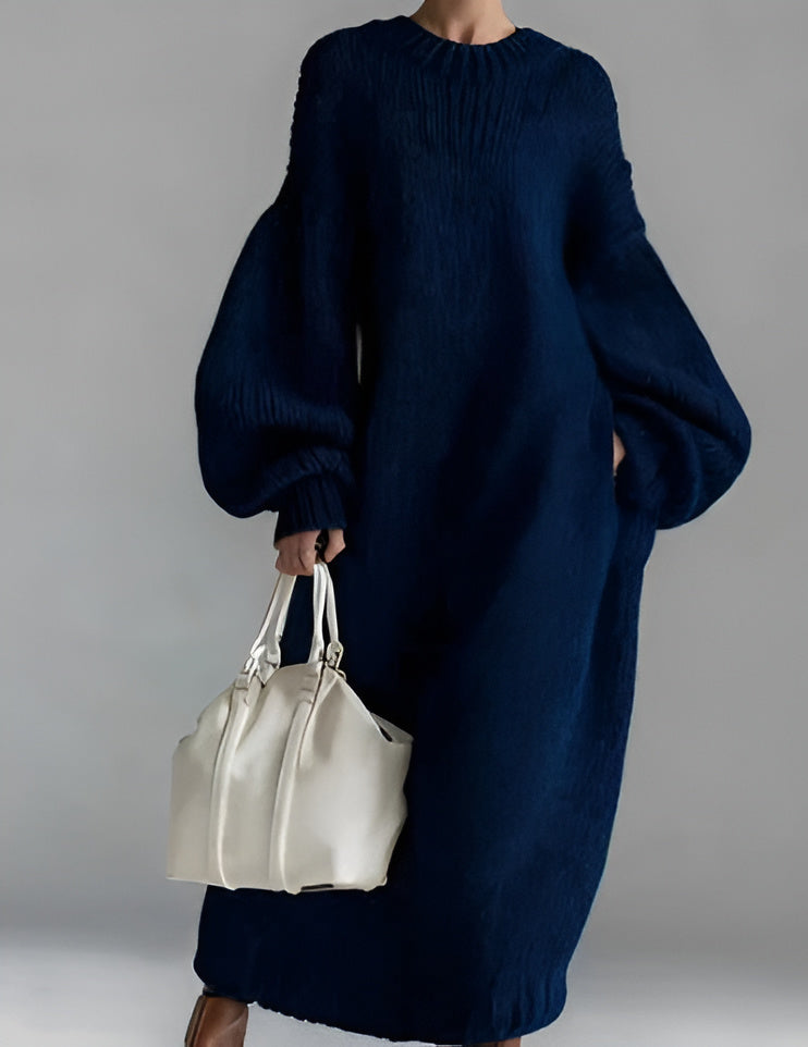 Balloon-Sleeve Casual Maxi Dress in Navy