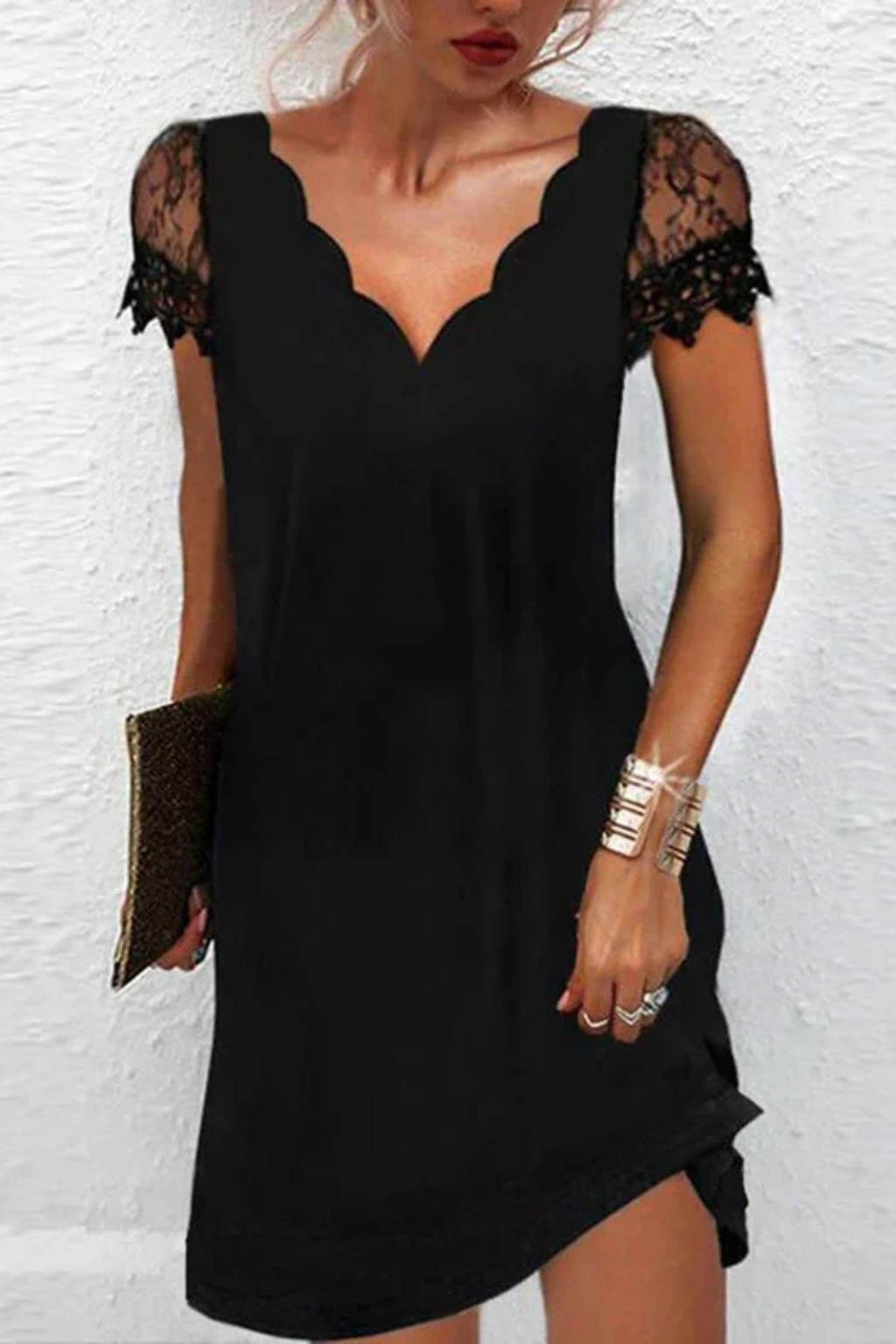Scalloped Lace-Sleeve Cocktail Mini Dress in Black