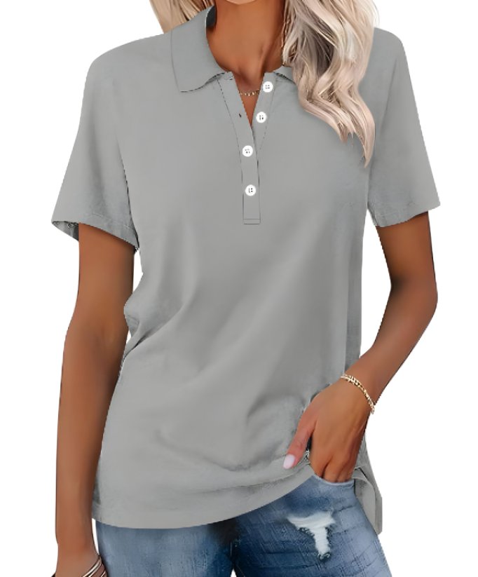 Women's Button-Placket Collared Casual T-Shirt in Grey