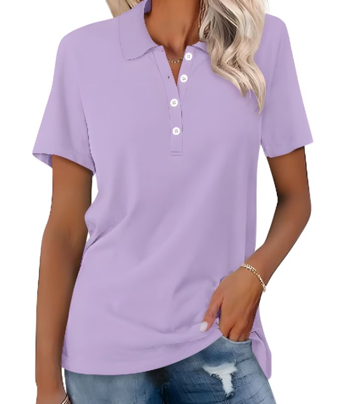 Women's Button-Placket Collared Casual T-Shirt in Light Blue