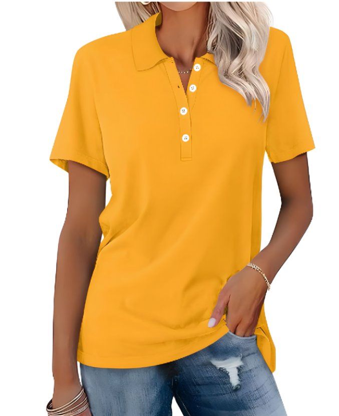 Women's Button-Placket Collared Casual T-Shirt in Mustard