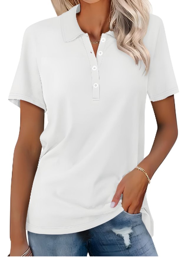 Women's Button-Placket Collared Casual T-Shirt in White