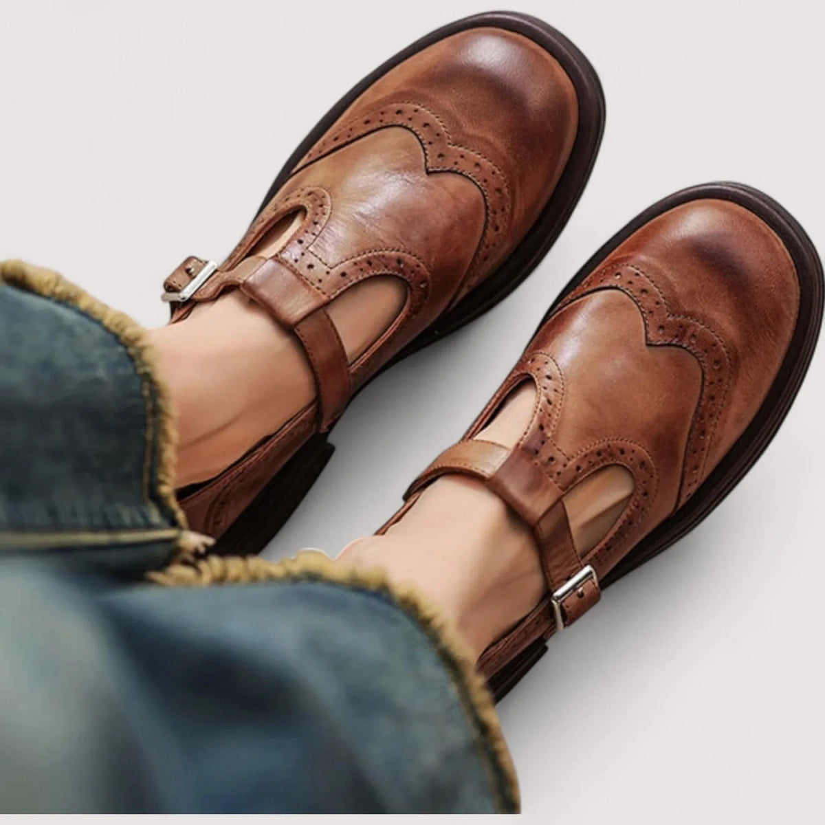 Brogue Buckle T-Strap Casual Flats in Brown