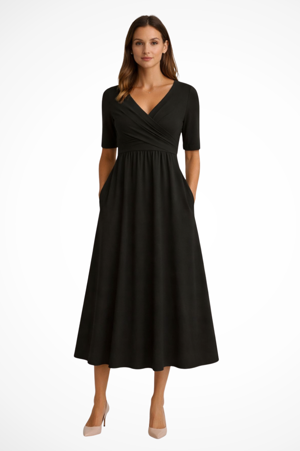 Crossover Wrap Workwear Midi Dress in Black