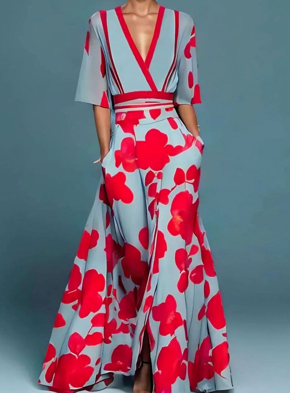 Wrap V-Neck Floral Wedding Guest Maxi Dress in Light Blue
