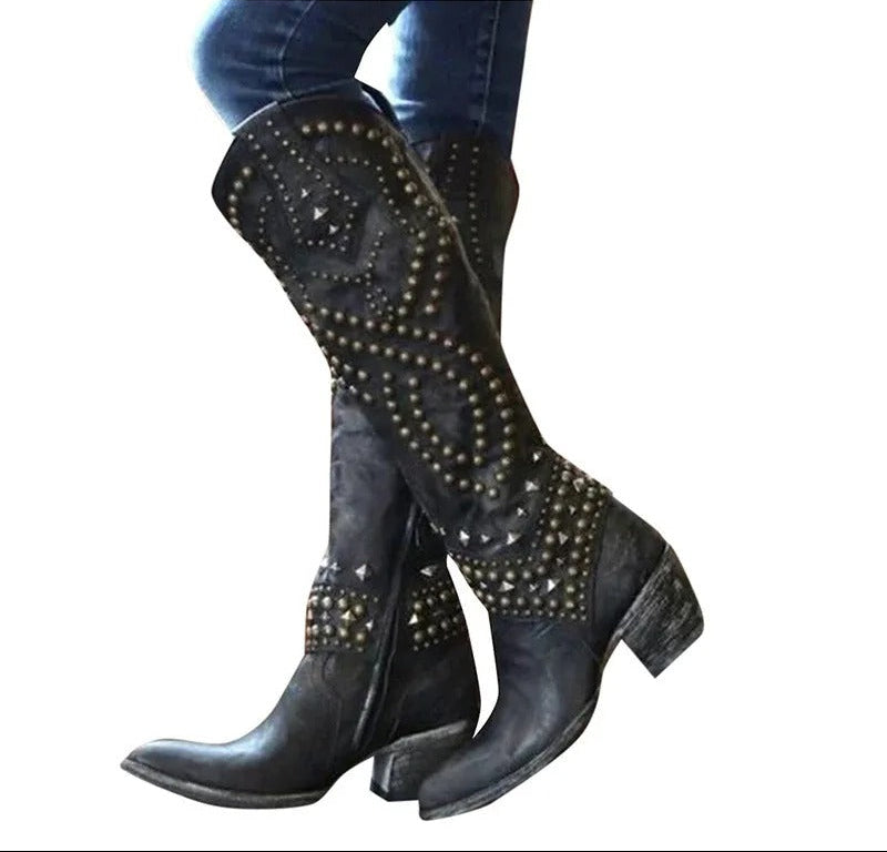 Women's Studded Casual Knee High Boots in Black